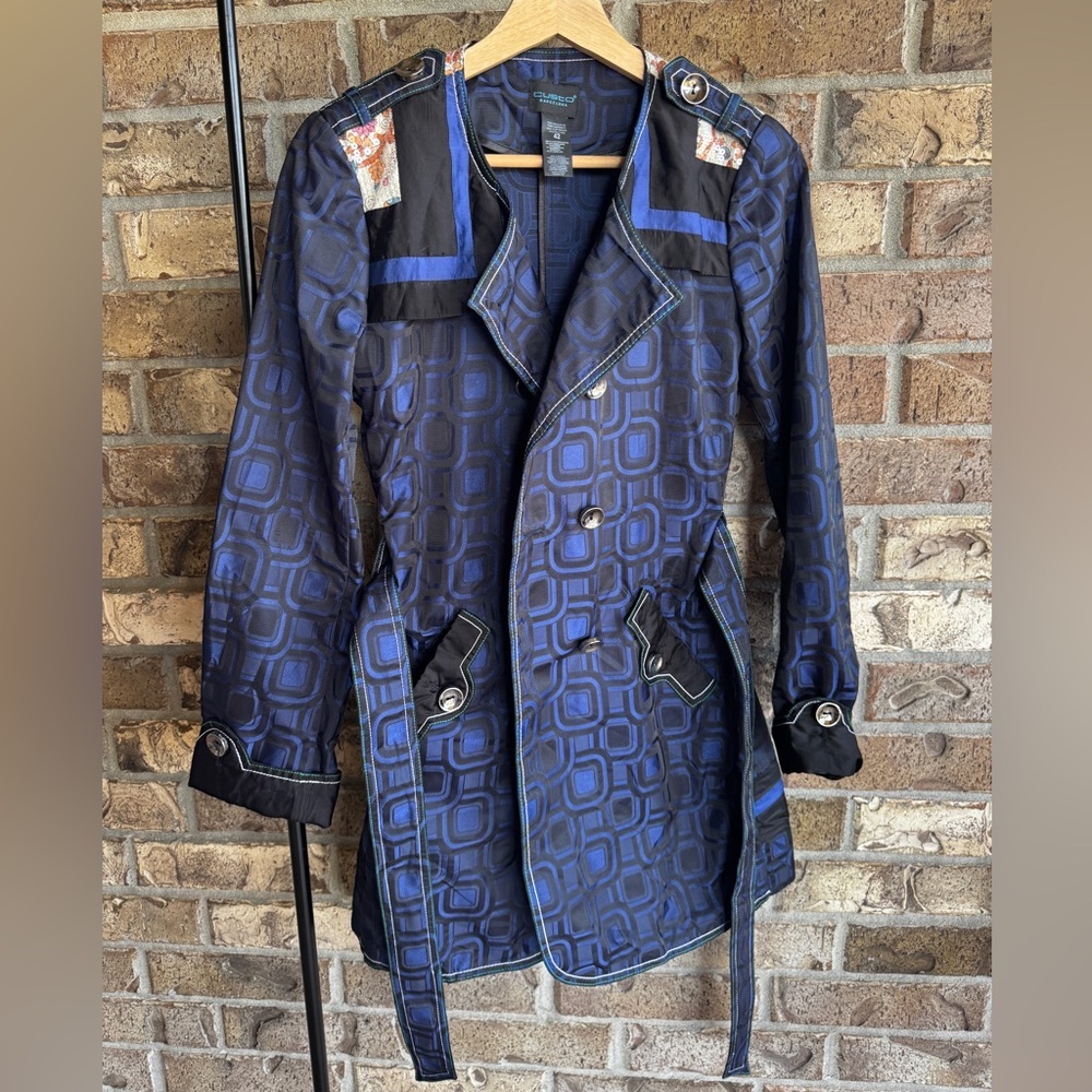 Custo Barcelona Blue Geometric Trench Coat EU 42 US 10 Belted